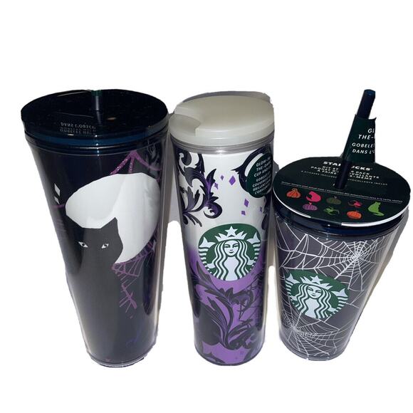 2021 STARBUCKS HALLOWEEN 3 CUP BUNDLE! Glow In The Dark Spiderweb and Black Cat - Picture 1 of 8